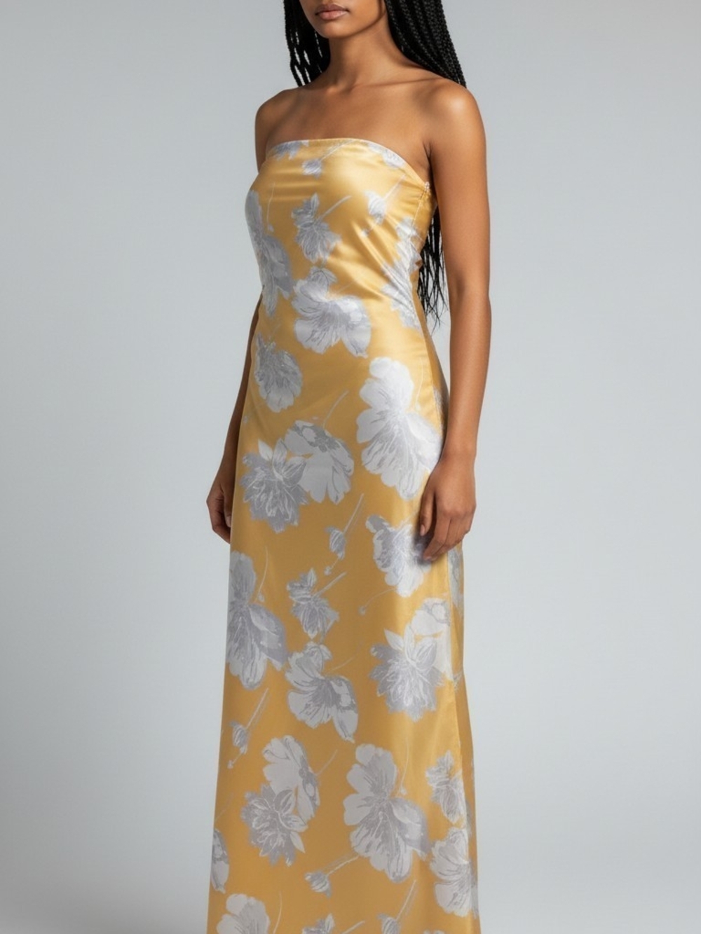 LULUS Strapless Yellow Floral Satin Maxi Dress